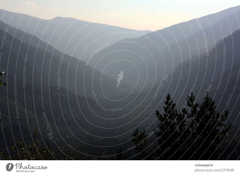 depth Vacation & Travel Far-off places Mountain Nature Landscape Air Sunlight Forest Rila Mountains Valley Bulgaria Dark Bright Blue Black White Relaxation Calm