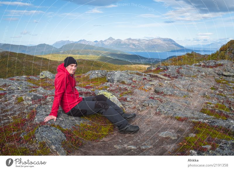 Young man in front of Norwegian scenery Vacation & Travel Trip Adventure Youth (Young adults) Nature Landscape Autumn Rock Mountain Ocean Norway Lofotes