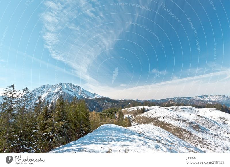 first snow Nature Landscape Sky Winter Weather Beautiful weather Snow Alps Mountain Peak Snowcapped peak Large Tall Blue Green White Calm Freedom Snowscape