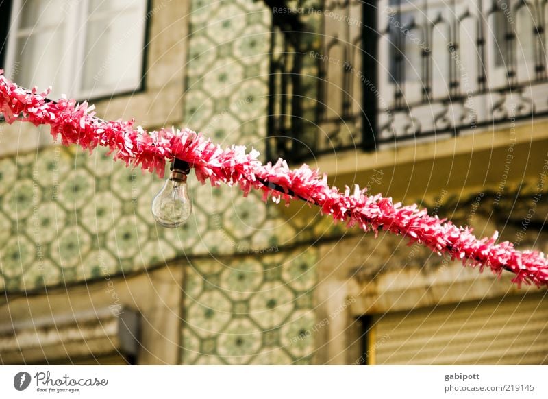 fiesta Event Feasts & Celebrations Facade Balcony Happiness Pink Joie de vivre (Vitality) Lisbon Fairy lights Electric bulb Paper chain Festival