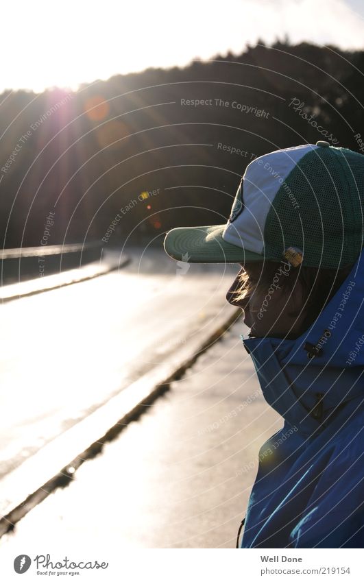 Enjoy the sunshine Masculine Man Adults Face 1 Human being 18 - 30 years Youth (Young adults) Jacket Cap Blonde Hip & trendy Sunlight Autumn Street Bridge