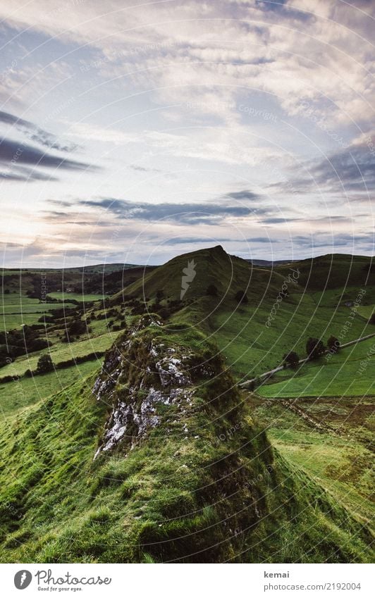 Hilly Senses Relaxation Calm Trip Adventure Far-off places Freedom Nature Landscape Sky Clouds Summer Weather Grass Meadow Rock Peak England Authentic Large