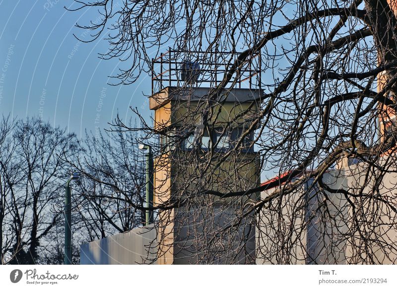 frontier Berlin Town Capital city Downtown Deserted Tower Stagnating Moody Stress Surveillance Border No man's land Watch tower Winter Tree Colour photo