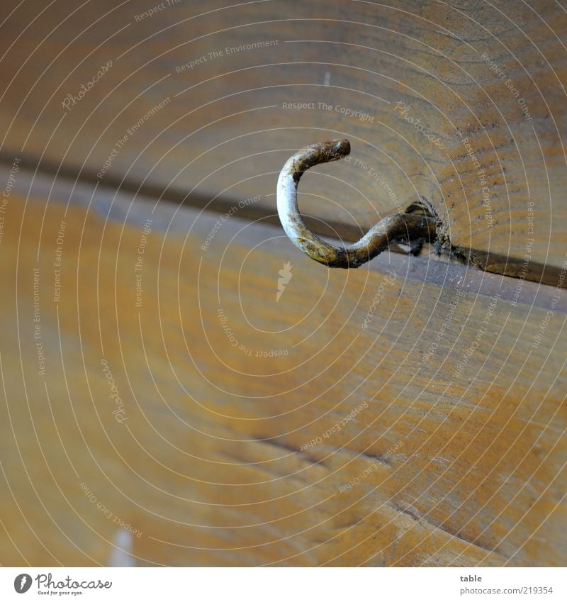 The hook Checkmark Wood Metal Old Brown Gray Wooden wall Seam Paintwork Wood grain Weathered Curved Colour photo Subdued colour Exterior shot Close-up Detail