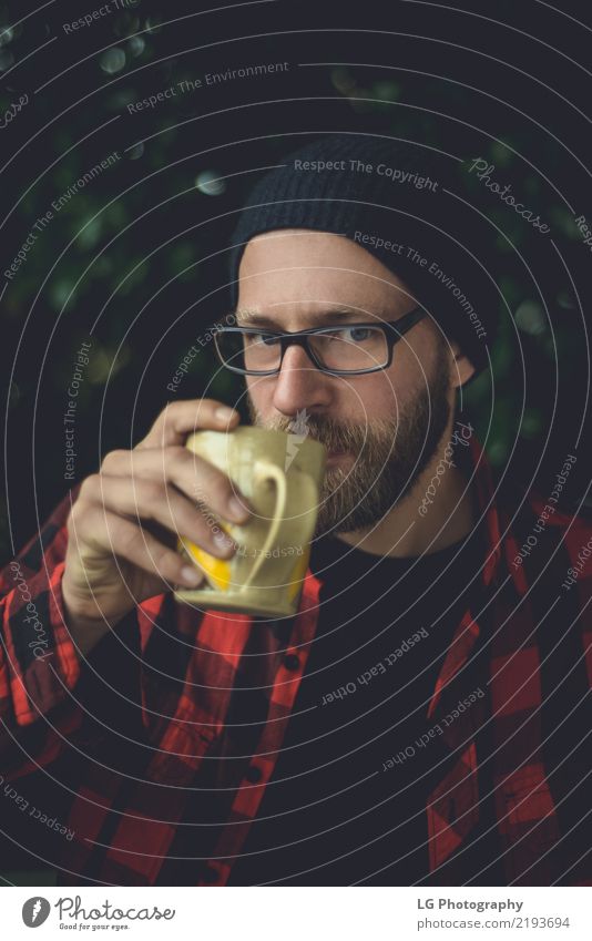 Happy hipster drinking coffee Lifestyle Beautiful Calm Man Adults Plant Fashion Shirt Hat Beard Smiling Cool (slang) Friendliness Natural White Emotions