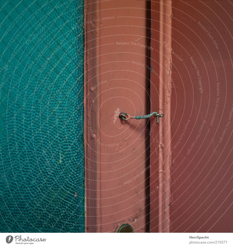 safe is safe Door Wood Glass Green Pink Pane Checkmark Eyelet hooked Doorframe Old Varnish Colour photo Interior shot Close-up Pattern Structures and shapes