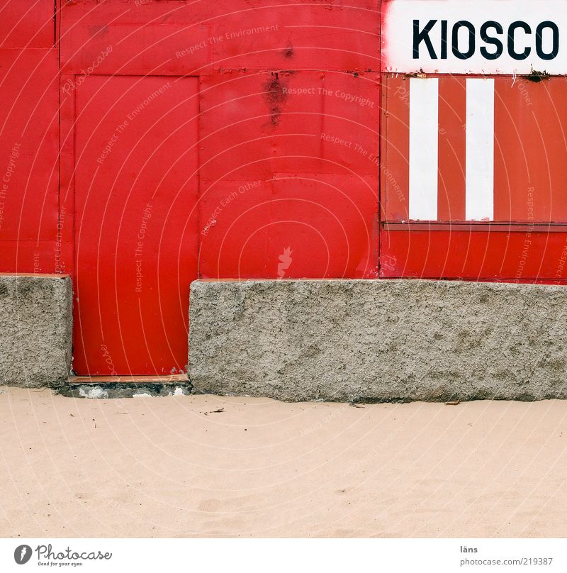 KIOSCO Sand Concrete Metal Old Authentic Gray Red White Kiosk Door Wall (barrier) Siesta Closed Varnished Character board Canaries Tenerife Colour photo