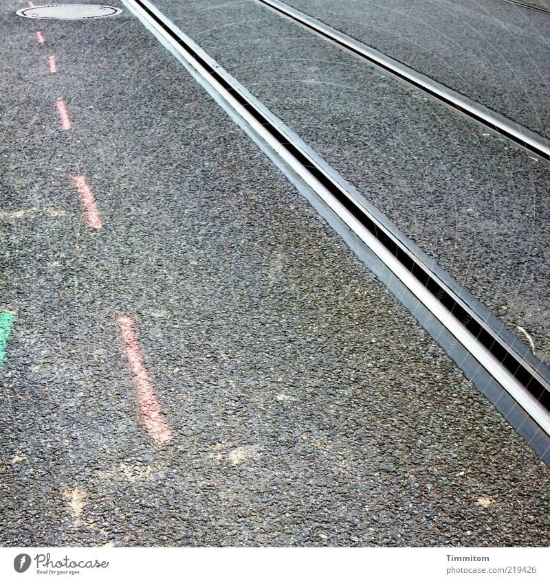 3 lines Construction site Deserted Transport Public transit Rail transport Railroad tracks Metal Gray Pink Pure Asphalt Tar Line Copy Space left