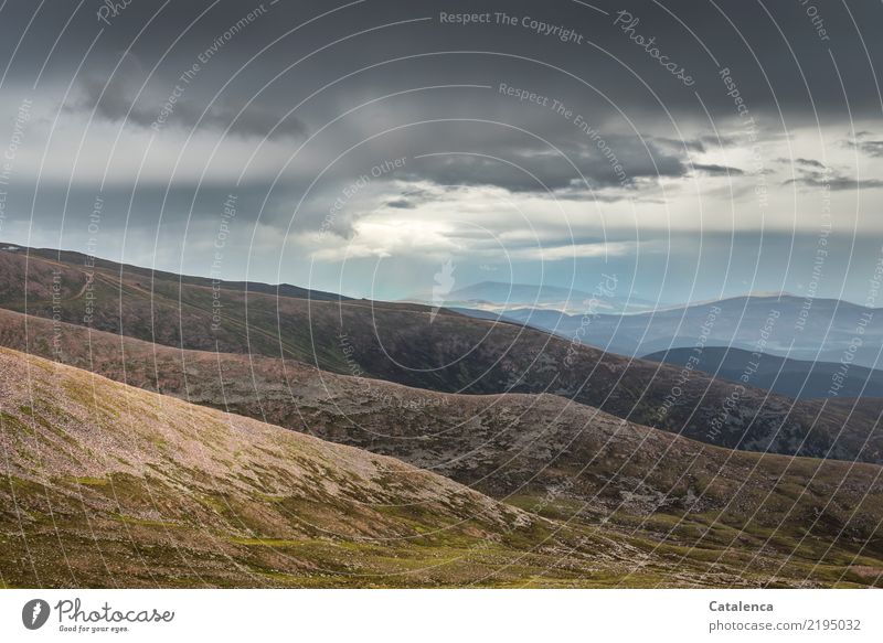 Hills, moorland Nature Landscape Sky Storm clouds Horizon Summer Bad weather Grass Peak Rock Stone Sand Observe Hiking Esthetic naturally Blue Brown Gray Green