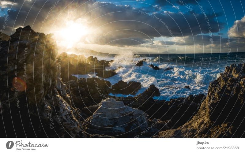 Surf on Crete at sunset Adventure Far-off places Ocean Waves Landscape Water Drops of water Clouds Sunrise Sunset Sunlight Weather Wind Gale Coast Island Greece