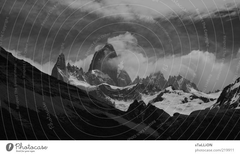 Fitz Roy Environment Nature Landscape Clouds Wind Fog Mountain Snowcapped peak El Chaltén South America Cold Black & white photo Exterior shot Deserted