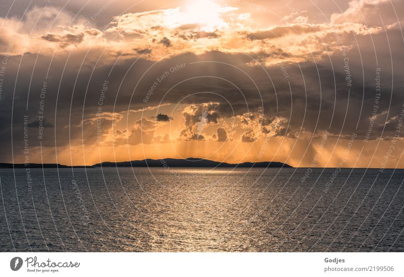 flood of the sun Landscape Water Sky Clouds Waves Ocean Corfu Looking Glittering Maritime Warmth Blue Yellow Orange Black Romance Beautiful Hope Horizon Tourism