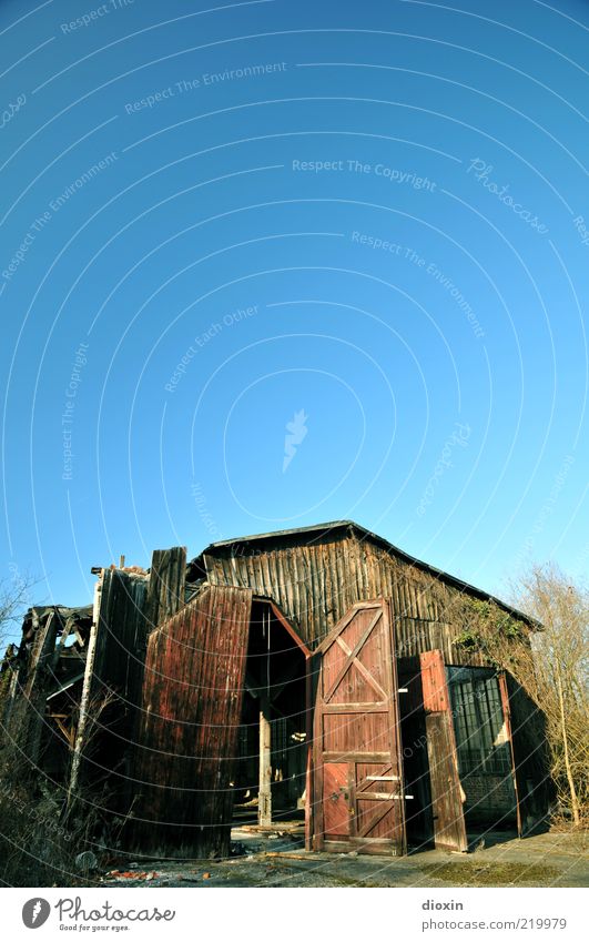 Breakdown Sky Cloudless sky Beautiful weather Tree Bushes Manmade structures Building Hall Roll-down door repair hangar Warehouse Gate Old Broken Decline