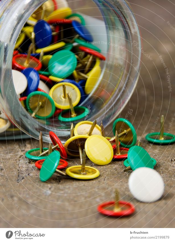 pinboard nail Table Office work Point Thorny Multicoloured Squander Thumbtack pin needle Glass scatter Lose Open Undo Colour photo Close-up Deserted