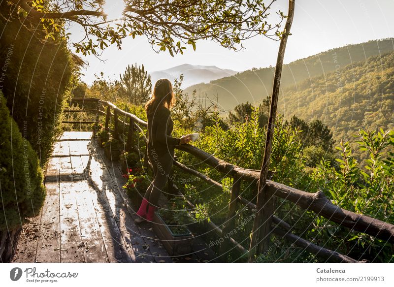 Coffee enjoyment on the veranda in the mountains Beverage Cup Harmonious Contentment Terrace Feminine 1 Human being Nature Landscape Autumn Beautiful weather