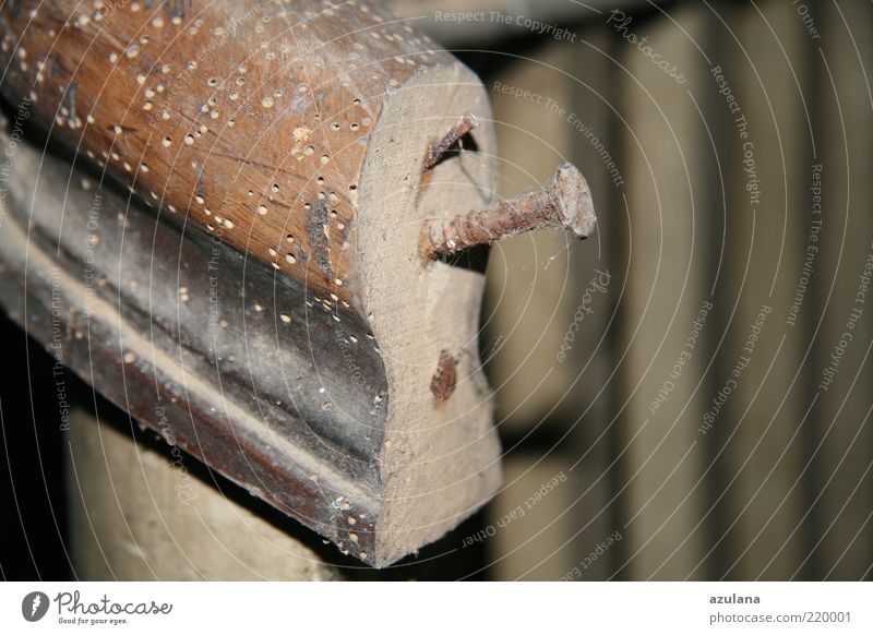 Watch out when sliding the railing ;-) Deserted Wood Decline Transience Nail Cobwebby woodworm Consumed Handrail Screw Old building Brown Detail