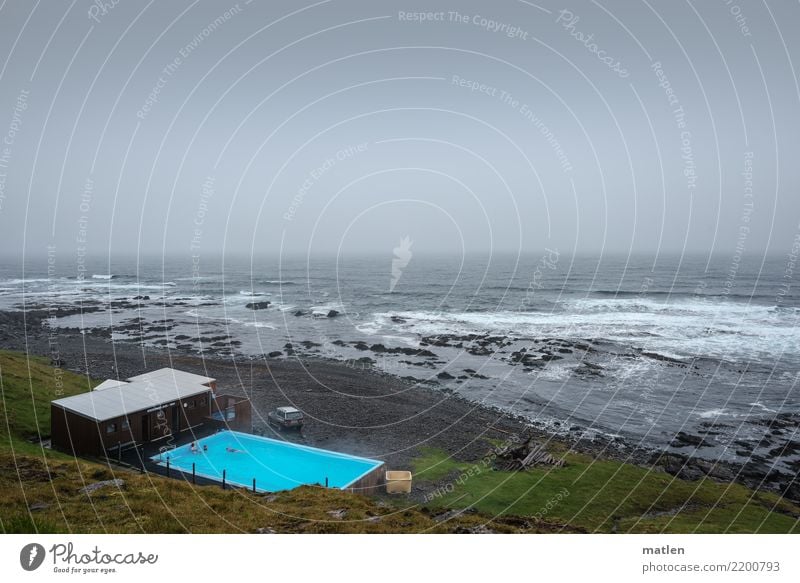 lido Nature Landscape Sky Clouds Horizon Spring Bad weather Wind Grass Waves Coast Beach Bay Ocean Swimming & Bathing Dark Exotic Blue Brown Gray Green Iceland