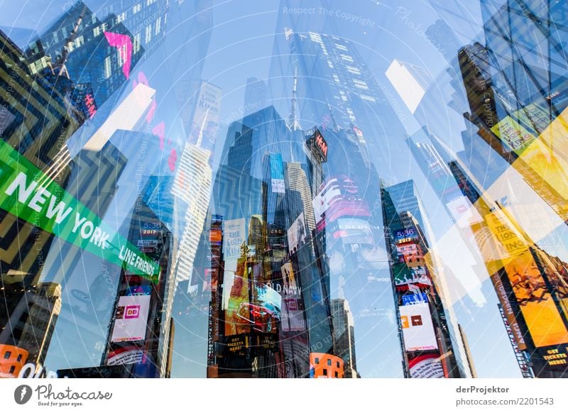 New York Times Square with multiple exposure in New York Central perspective Deep depth of field Sunlight Reflection Contrast Shadow Light Day Copy Space middle