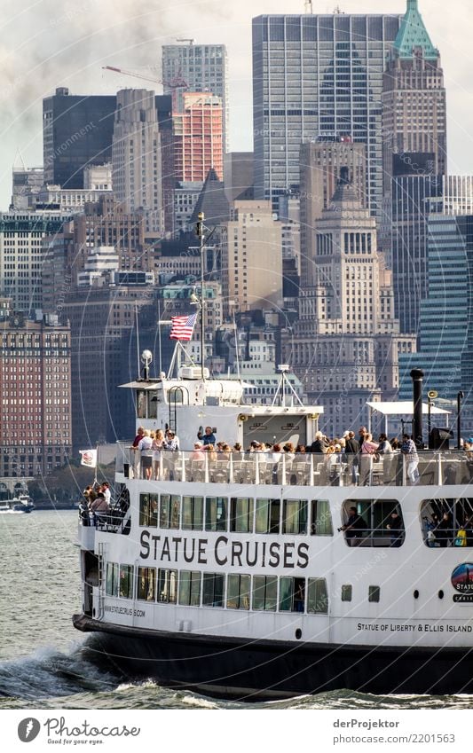 Excursion boat with skyscrapers in New York Central perspective Deep depth of field Sunlight Reflection Contrast Shadow Light Day Copy Space middle