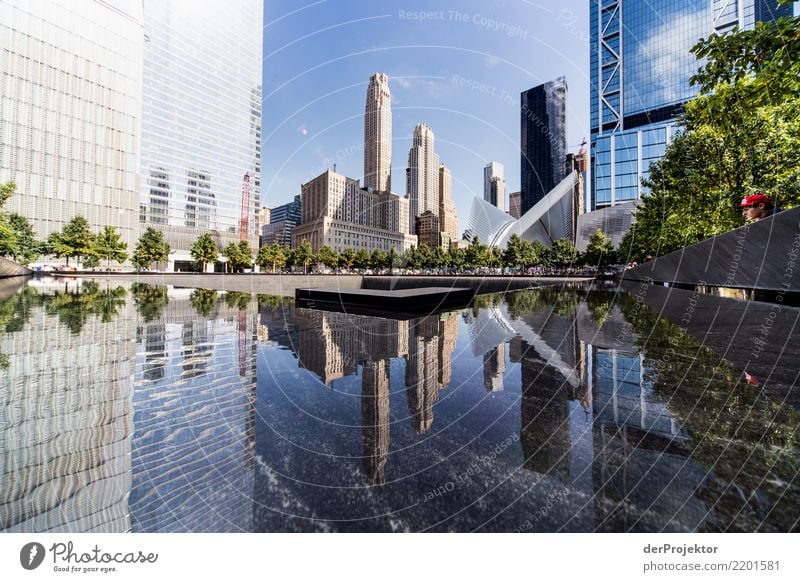 World Trade Center Memorial in New York Central perspective Deep depth of field Sunlight Reflection Contrast Shadow Light Day Copy Space middle Copy Space right