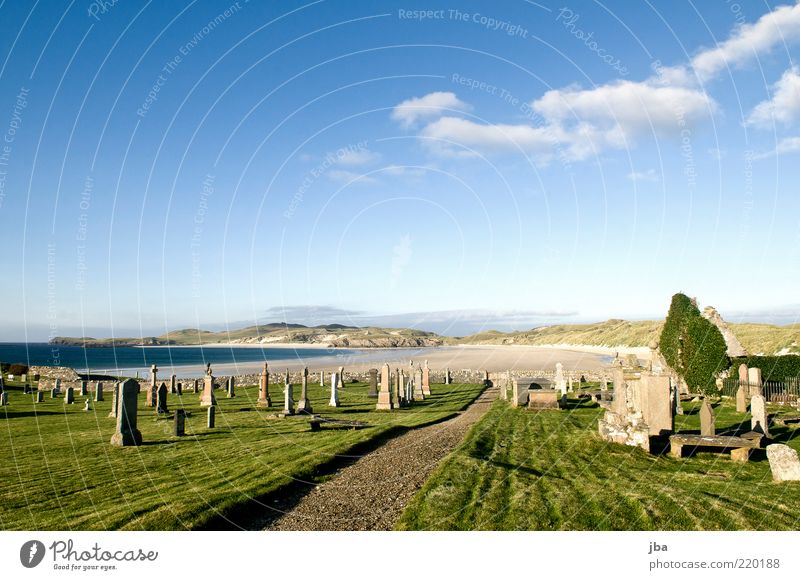 be at rest Calm Trip Far-off places Summer Summer vacation Beach Ocean Landscape Elements Sky Beautiful weather Grass Coast Bay Scotland Church Ruin Cemetery