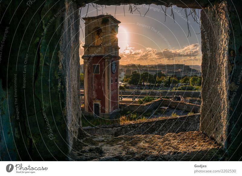 View to the Clock Tower of the Old Venetian Fortress Sky Clouds Tree Grass Moss Kérkira Corfu Capital city House (Residential Structure) Tower clock