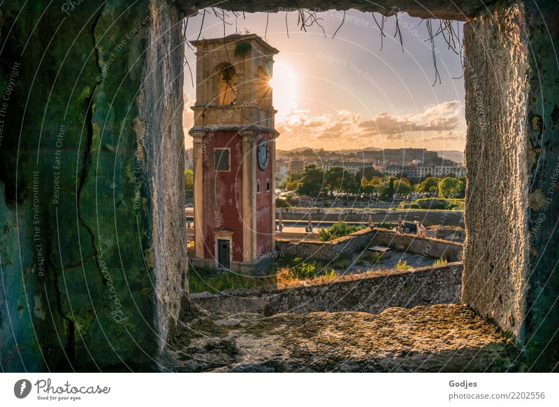 View of the Clock Tower of the Old Venetian Fortress II Sky Clouds Sun Sunlight Summer Beautiful weather Tree Grass Bushes Moss Mountain Kérkira Corfu