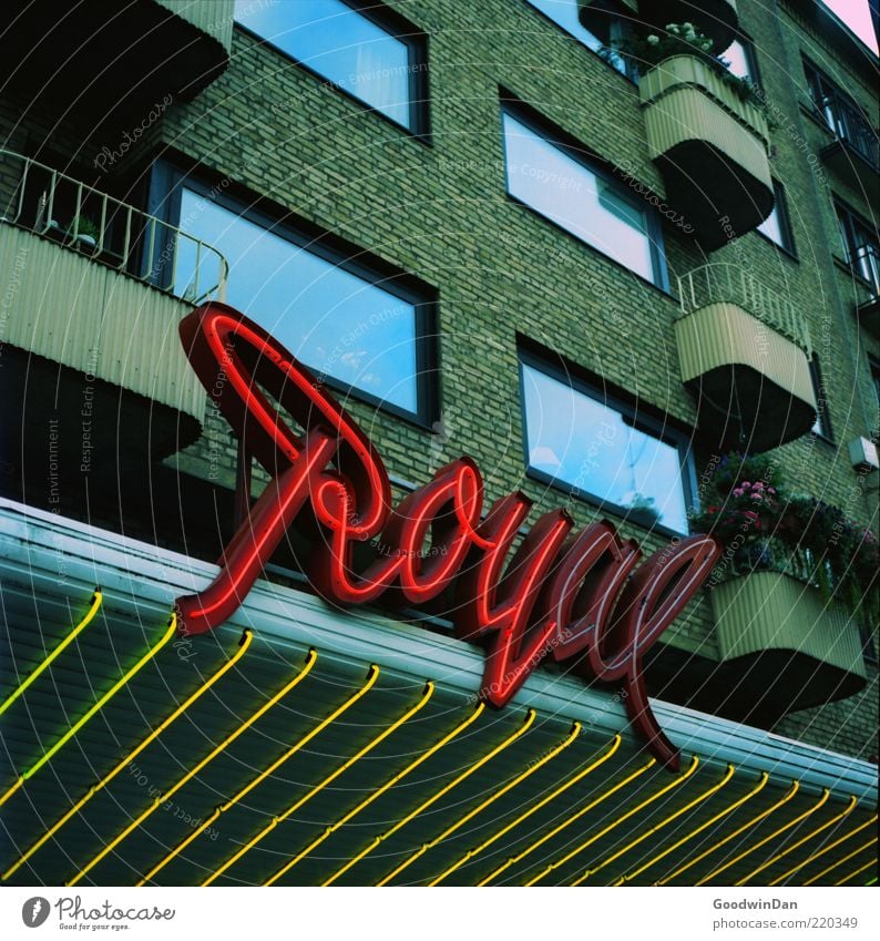 urban love Town Old town Deserted House (Residential Structure) Facade Balcony Authentic Retro Emotions Moody Neon light Colour photo Exterior shot Evening