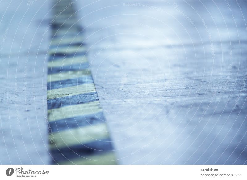 Walk The Line Deserted Blue Yellow Industrial Ground Floor covering Concrete Barrier Stripe Division Adhesive tape Scratched Grubby Dirty Colour photo