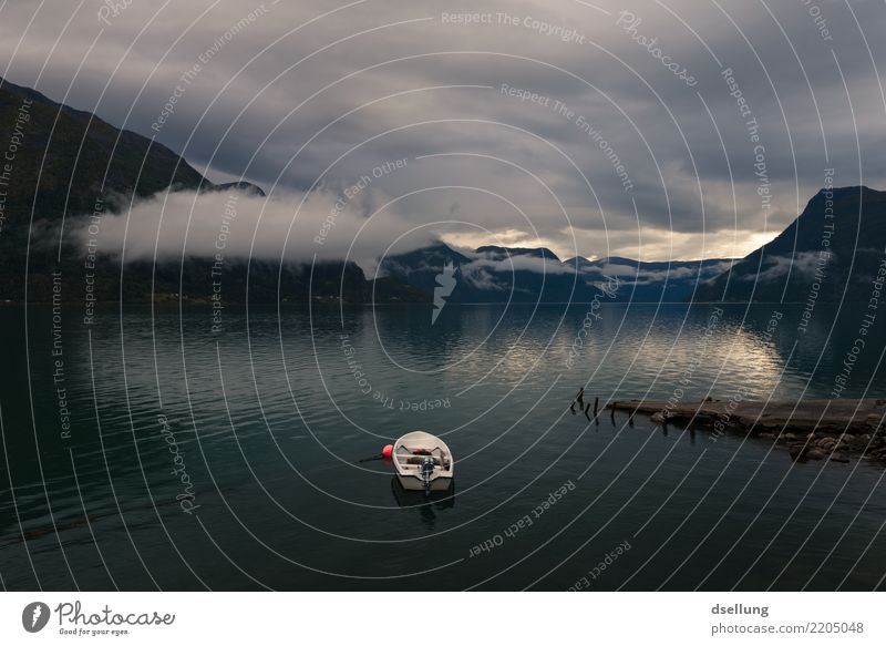 White boat in water at dusk with mountains in the background Leisure and hobbies Fishing (Angle) Vacation & Travel Adventure Far-off places Freedom Nature