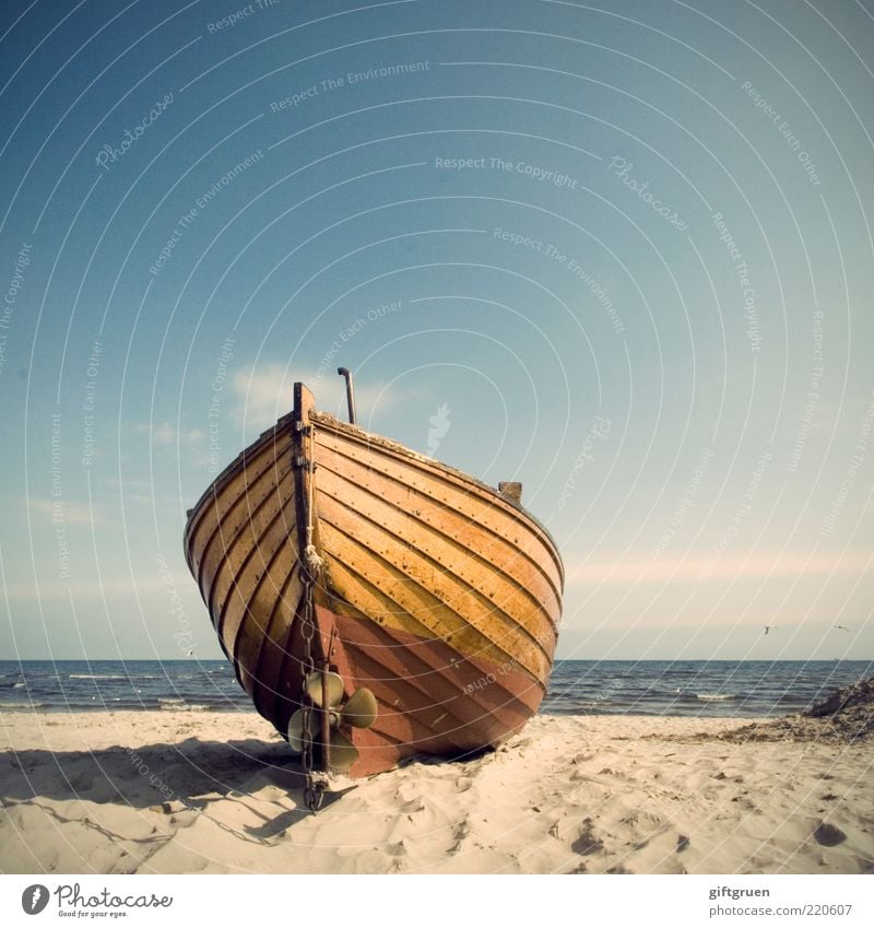 flotsam and jetsam Environment Nature Landscape Elements Sand Water Sky Beautiful weather Waves Coast Beach Baltic Sea Ocean Fishing boat Old Flotsam and jetsam