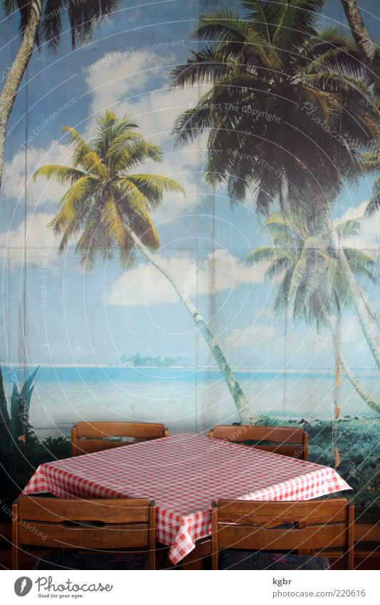 Caribbean dreams Chair Table Gastronomy Beach Wall (barrier) Wall (building) Exotic Retro Trashy Gloomy Blue Red Longing Wanderlust Perspective Tourism Decline