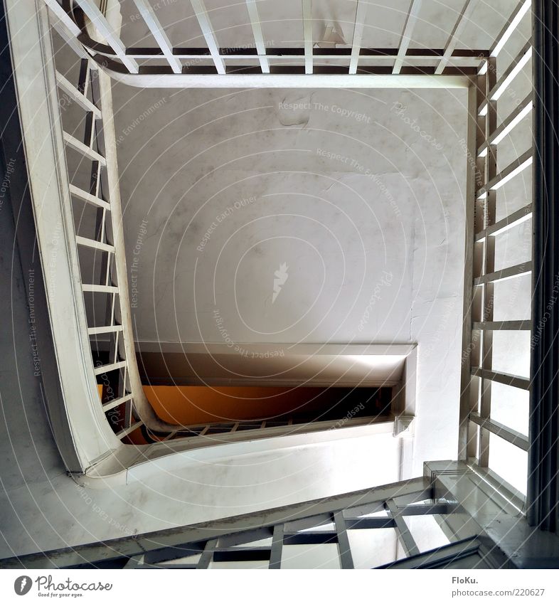 Staircase snail Deserted Architecture Stairs Old Dirty Sharp-edged White End Perspective Staircase (Hallway) Handrail Banister Newel Colour photo Interior shot