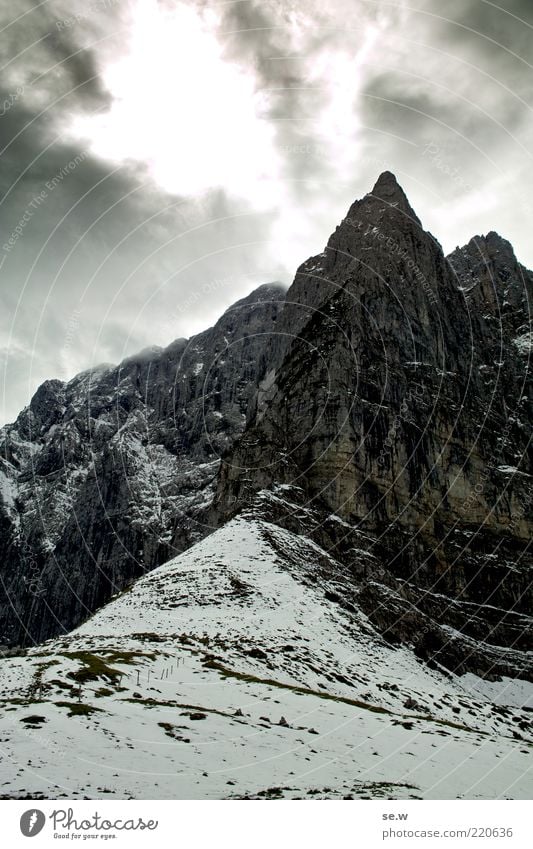 Way to Mordor Elements Clouds Storm clouds Winter Bad weather Snow Rock Alps Mountain Chalk alps Karwendelgebirge Laliderer Walls Peak Threat Dark Sharp-edged