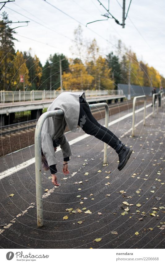 fun on the railway Lifestyle Human being Body 1 Autumn Tree Leaf Park Outskirts Rail transport Railroad Rail vehicle Train station Platform Railroad crossing