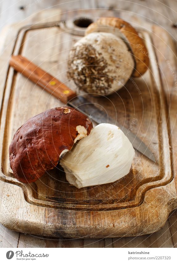 Wild porcino mushrooms on a wooden board close up Vegetable Vegetarian diet Diet Autumn Wood Delicious Boletus Cep Cooking Culinary Edible food fungus Harvest