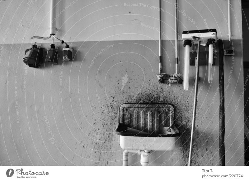 crime scene Deserted Sink three-phase current Fluorescent Lights Sanitary Black & white photo Interior shot Day Socket Dirty Shabby Old Old fashioned Decline