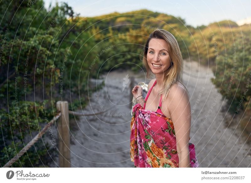 Laughing happy vivacious woman on vacation Happy Vacation & Travel Tourism Summer Beach Woman Adults 1 Human being 30 - 45 years Lanes & trails Bikini Footwear