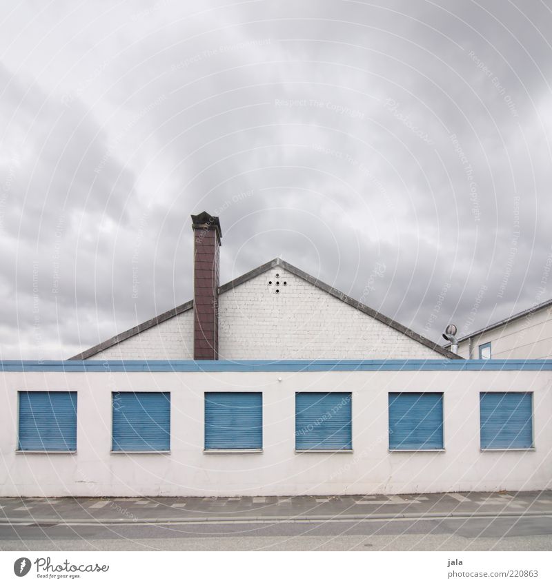 Make blue Sky Clouds House (Residential Structure) Factory Manmade structures Building Architecture Facade Window Roof Chimney Roller shutter Street