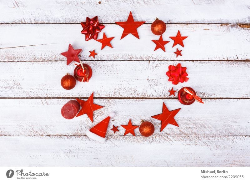 Circle on Christmas Decoration Ornaments, red on white Winter Christmas & Advent Wood Red White Arranged copy space Grunge Table Minimalistic