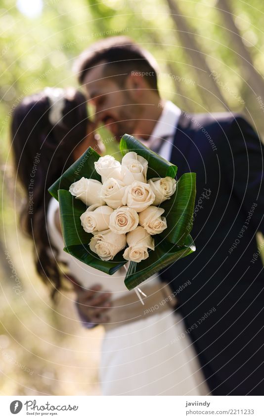 Just married couple together in poplar background Happy Beautiful Feasts & Celebrations Wedding Human being Woman Adults Man Couple 2 18 - 30 years