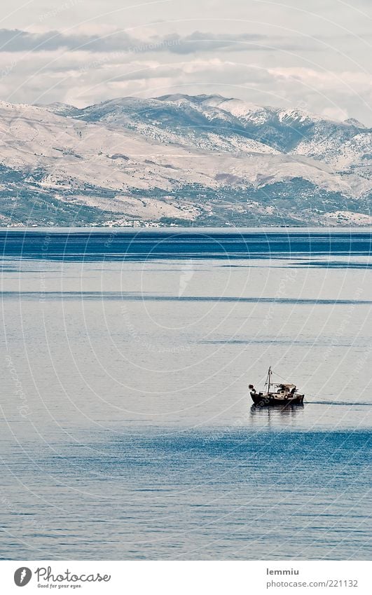 Corfu morning Landscape Water Sky Hill Rock Mountain Waves coast Boating trip Fishing boat Catch Small Moody Contentment Peaceful Serene Environment Watercraft