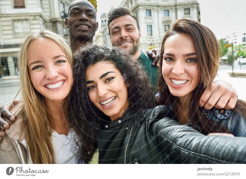 Multiracial group of friends taking selfie in a urban street Lifestyle Joy Happy Beautiful Leisure and hobbies Vacation & Travel PDA Camera Human being