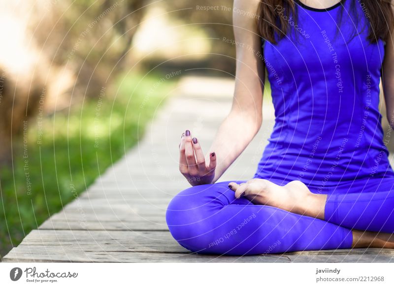 Young woman doing yoga on wooden road in nature Lifestyle Beautiful Body Relaxation Meditation Summer Sports Yoga Human being Feminine Woman Adults 1