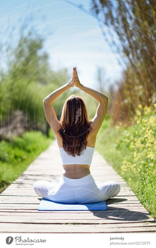 Young woman doing yoga on wooden road in nature. Lifestyle Beautiful Body Relaxation Meditation Summer Sports Yoga Human being Feminine Woman Adults 1