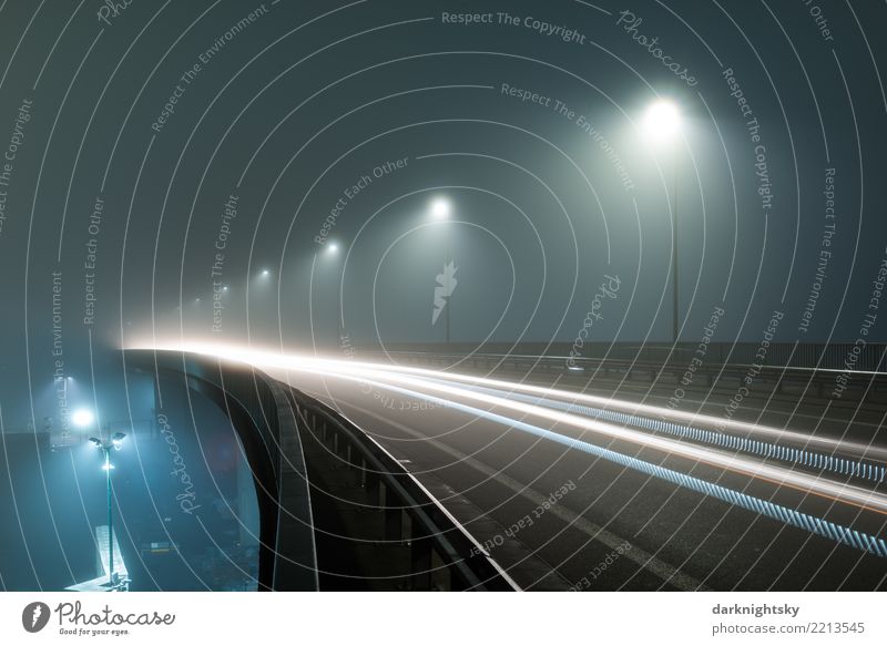 Highway with car traffic at night and fog Industry Logistics Town Bridge Transport Traffic infrastructure Passenger traffic Road traffic Motoring