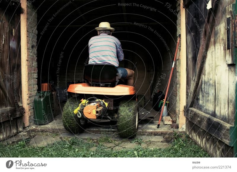 cul-de-sac Garden Gardening Retirement Closing time Human being Masculine Man Adults 1 Gate Hat Driving Lawnmower Garage Open Gardening equipment