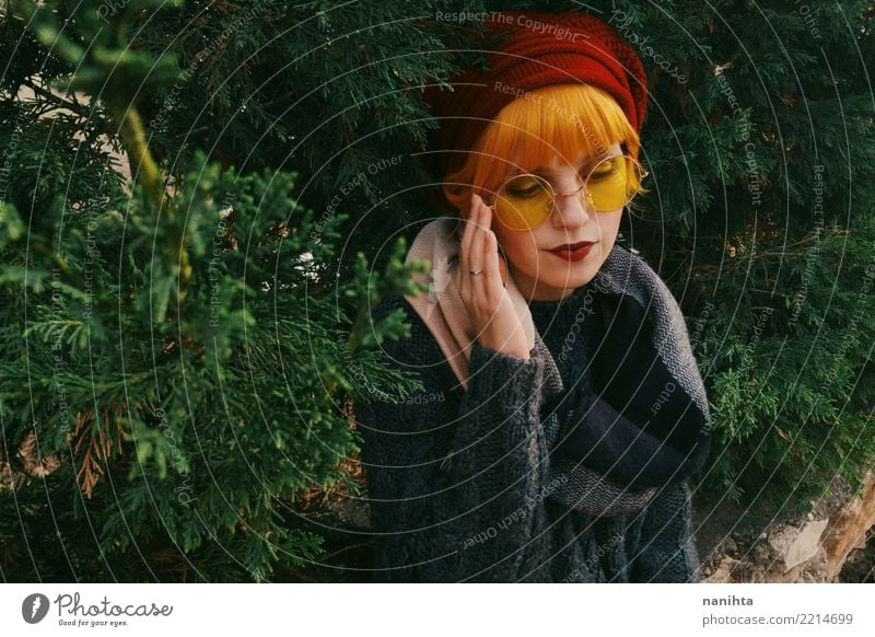 Young redhead woman at a park wearing yellow glasses Lifestyle Style Human being Feminine Young woman Youth (Young adults) 1 18 - 30 years Adults Environment