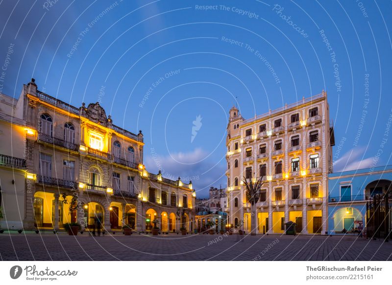 Havana by Night Town Capital city Port City Downtown Old town Esthetic Blue Yellow Gold Gray Black White Travel photography Cuba Tourism Valued Building Light