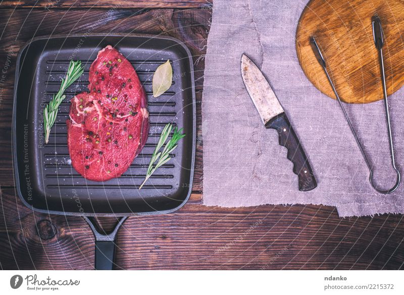 raw beef with spices Food Meat Herbs and spices Dinner Pan Knives Table Wood Eating Fresh Above Red Black Meal Beef Chop Organic Gourmet Raw beefsteak Cut